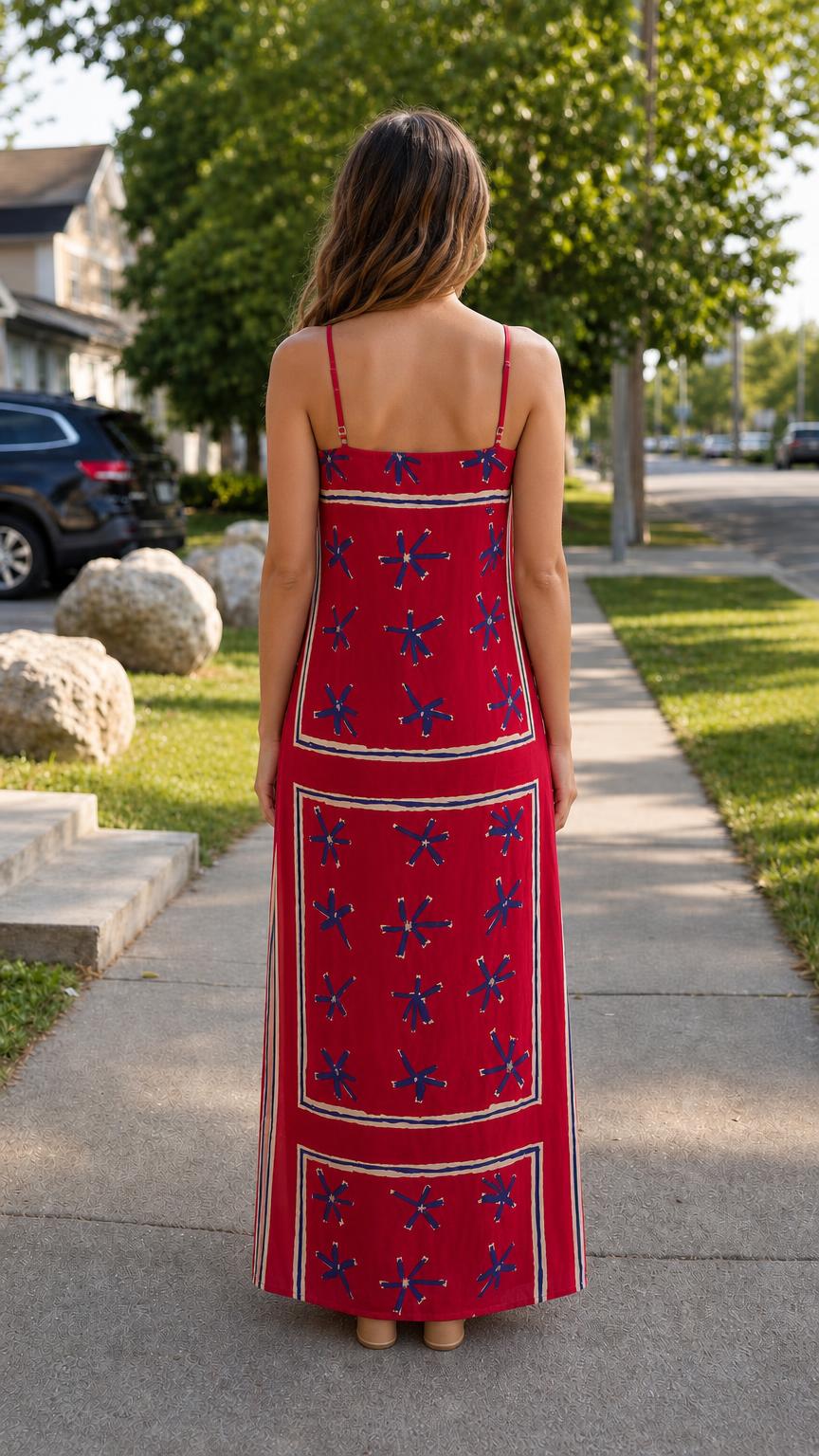 Back view of woman wearing red printed maxi dress