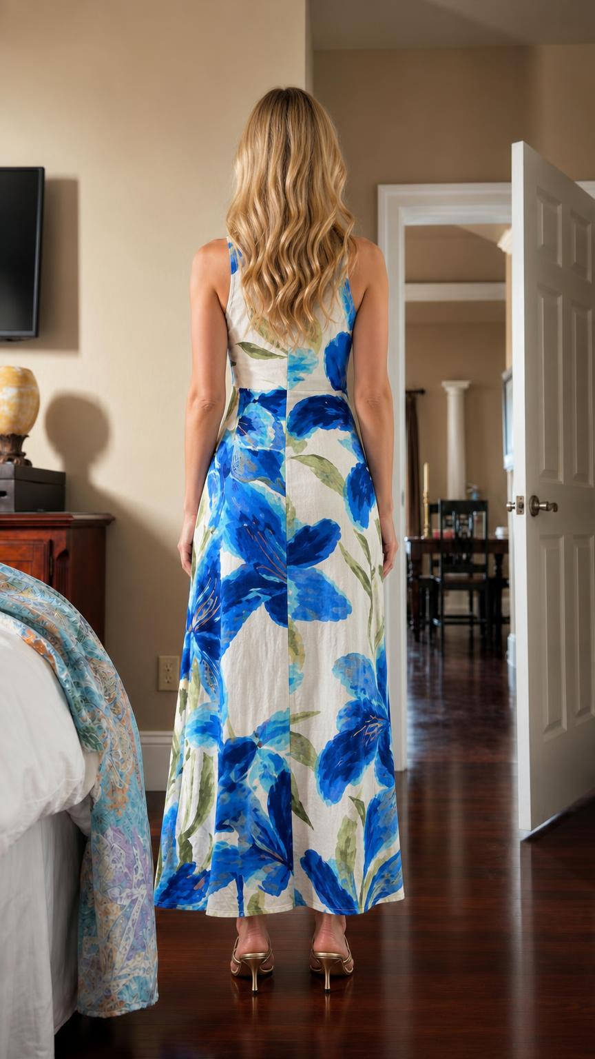 Back view of model wearing white floral sleeveless maxi dress