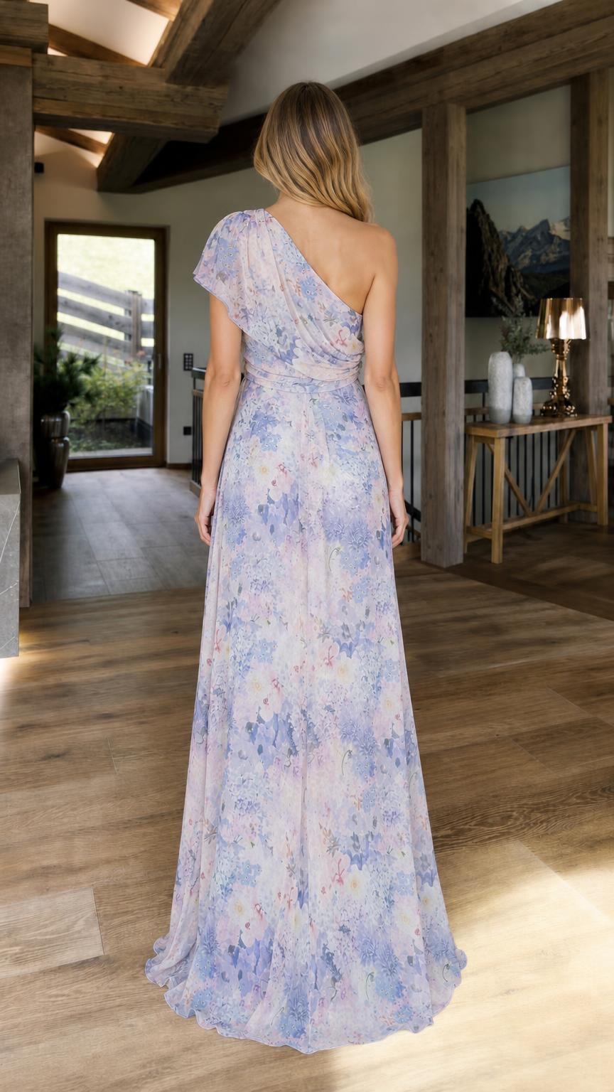Back view of blue multi floral one-shoulder evening gown