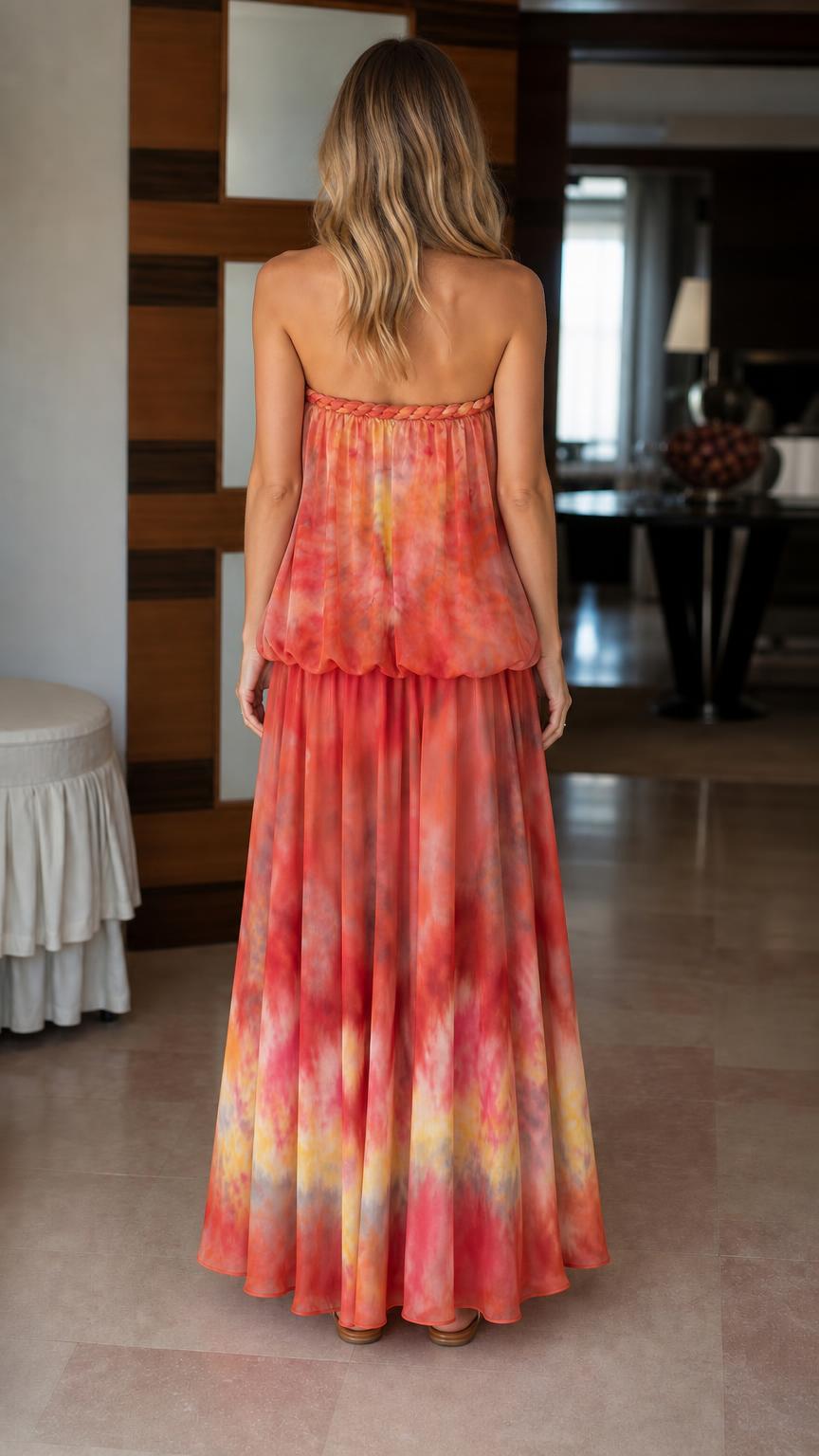 Model wearing orange tie-dye strapless maxi dress from back