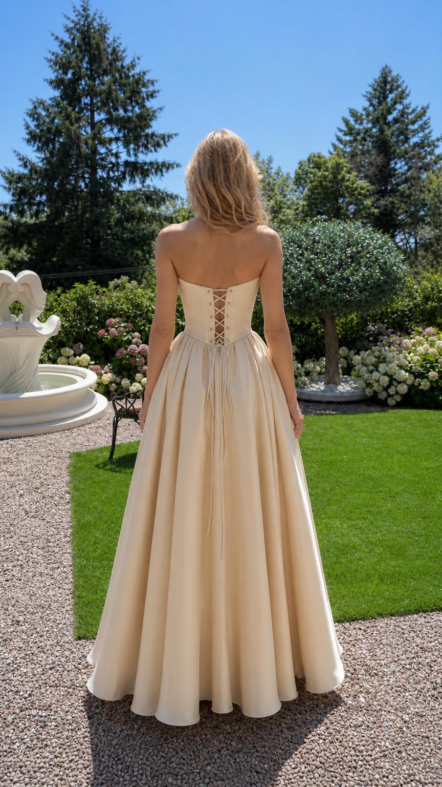 Back view showcasing lace-up detail on champagne maxi dress