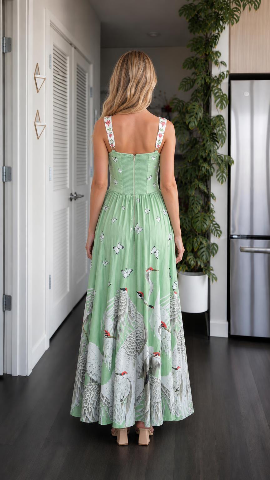Back view of model in sage green maxi dress