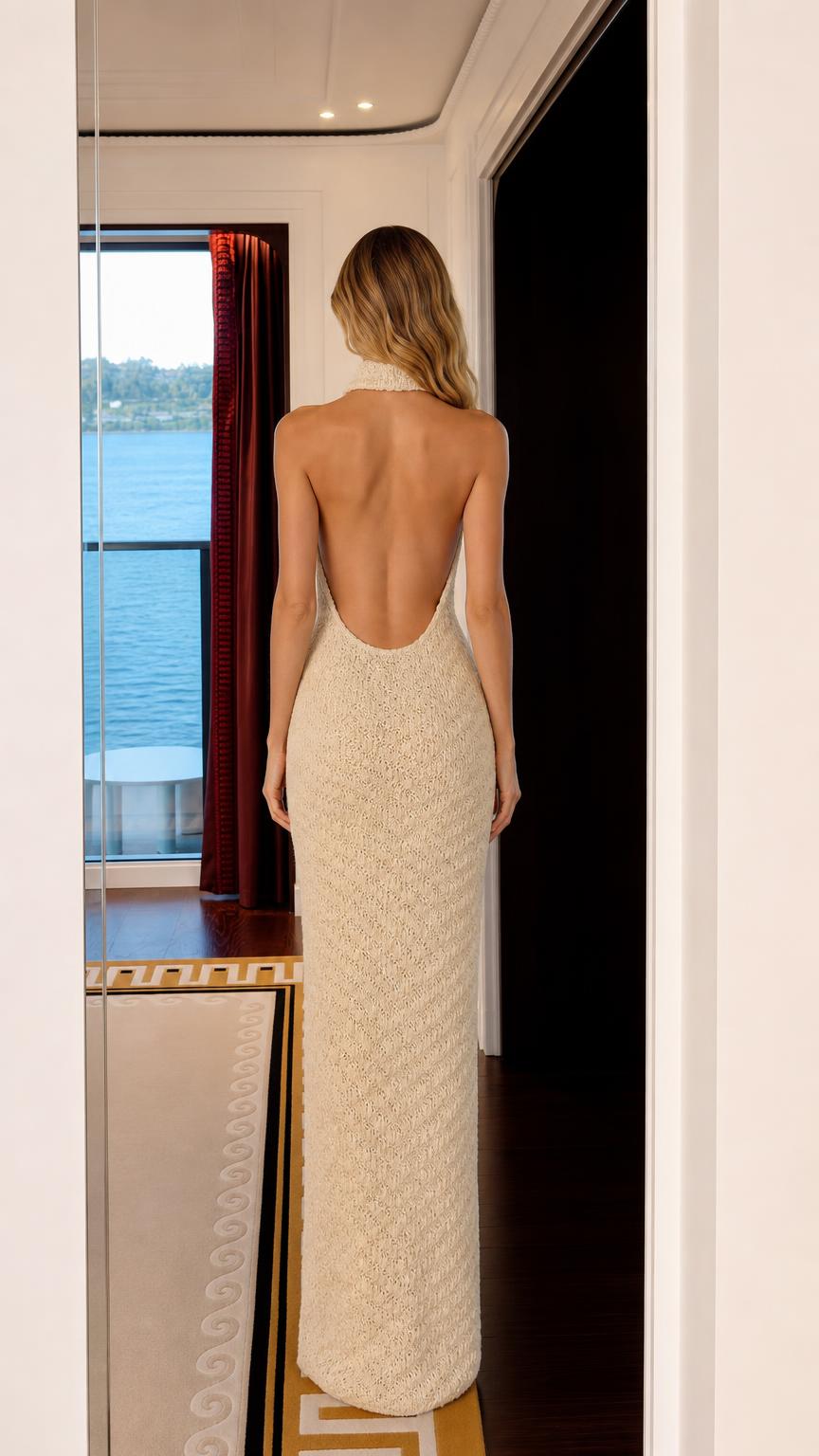 Back view of model showing open back design of cream knit dress