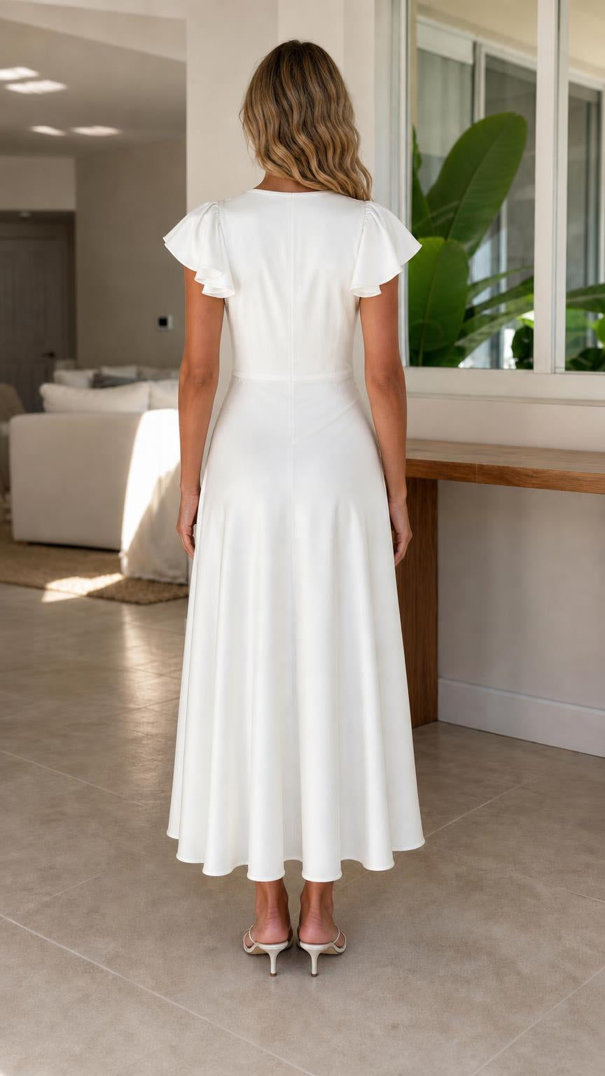 Back view of model in white midi dress