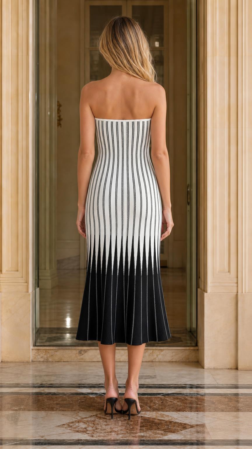 Back view of woman wearing Black and White striped strapless midi dress