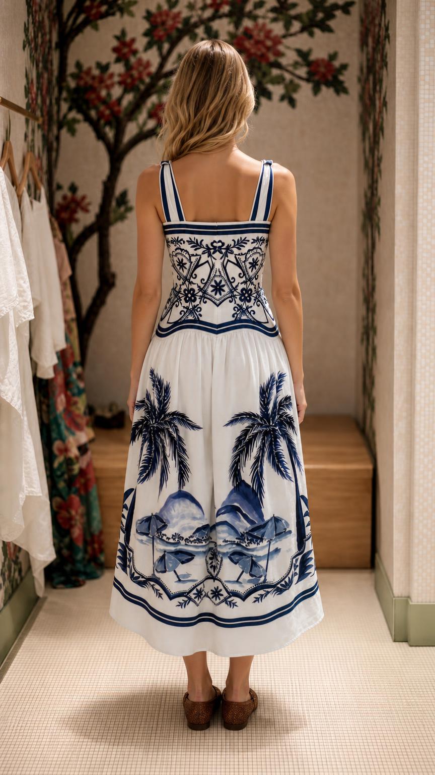 Back view of woman wearing white tropical print midi dress