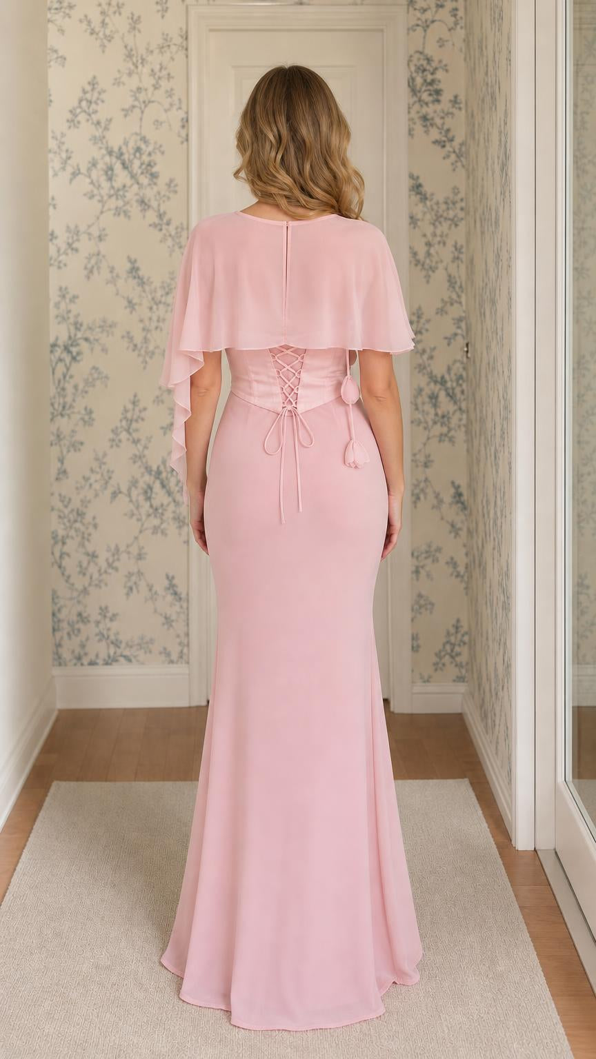 Pink evening dress back view with lace-up detail