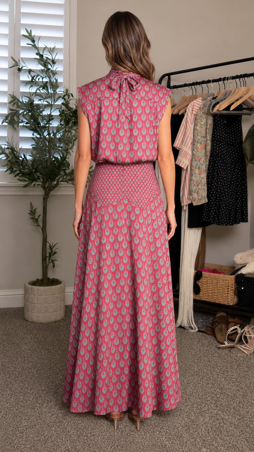 Back view of woman in pink maxi dress showing back tie detail