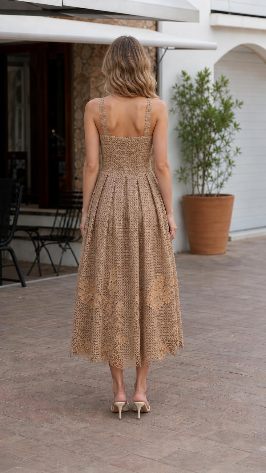 Back view of model wearing khaki floral lace midi dress