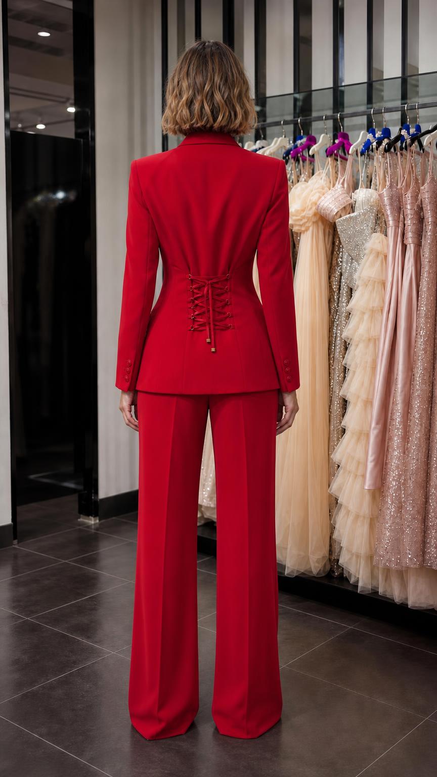 Back view of woman wearing red blazer showing lace-up corset detail