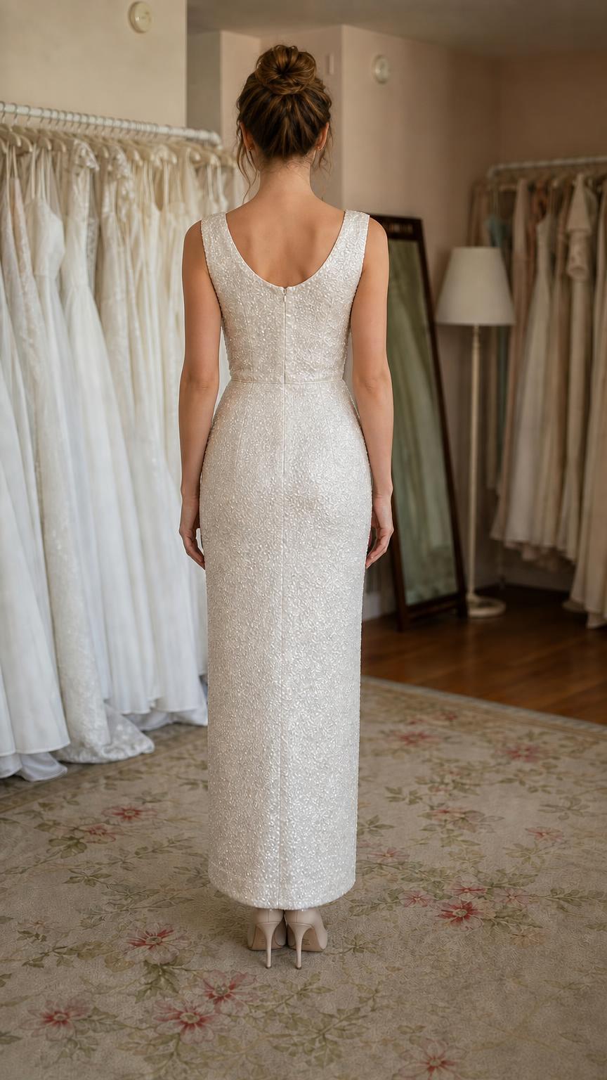 Back view of ivory sequin evening column dress