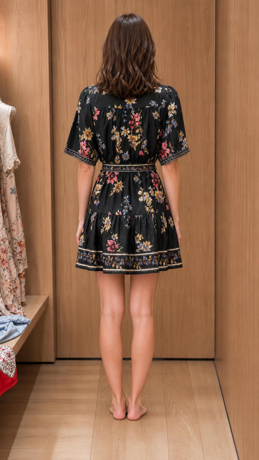 Back view of woman wearing Black floral mini dress