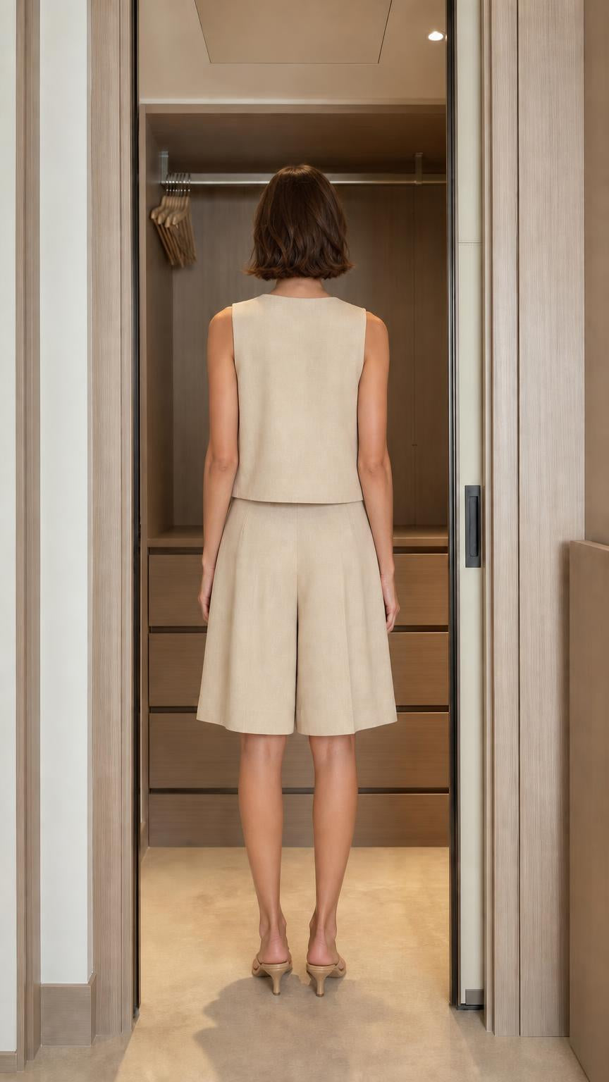 Back view of woman in beige sleeveless top and shorts set