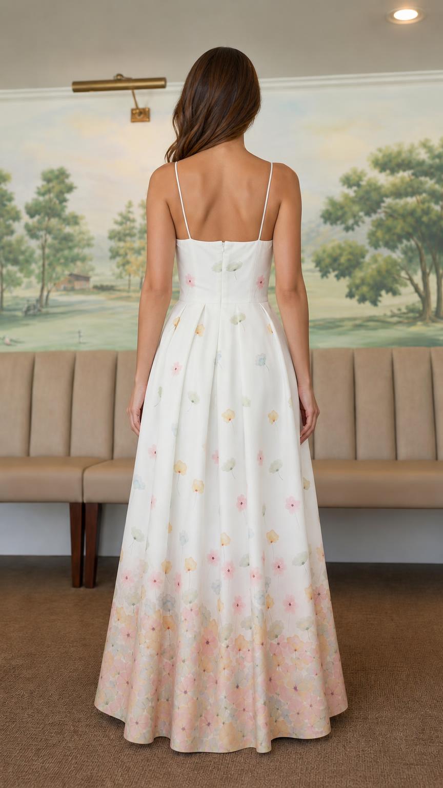 Back view of woman wearing white floral ombre maxi dress