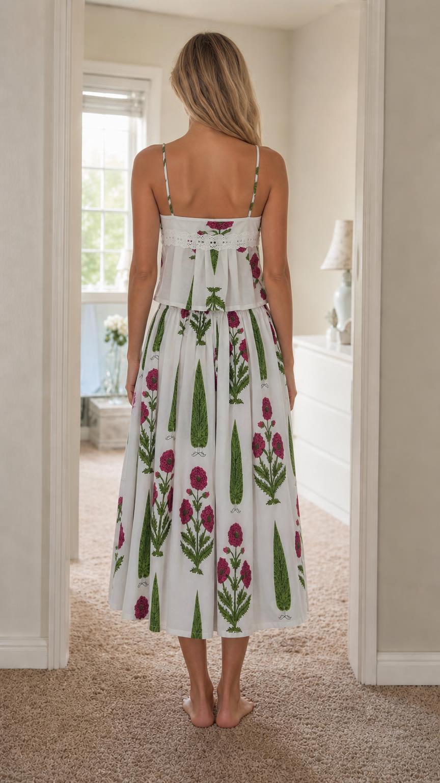 Back view of woman wearing white floral cami and skirt set