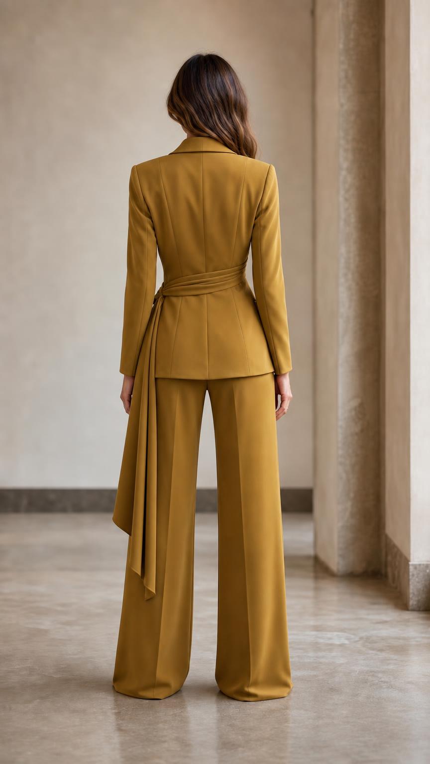 Back view of mustard pantsuit showing tailored jacket and long trousers