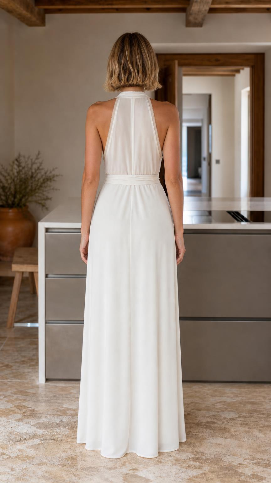 Back view of white maxi dress with sheer upper panel