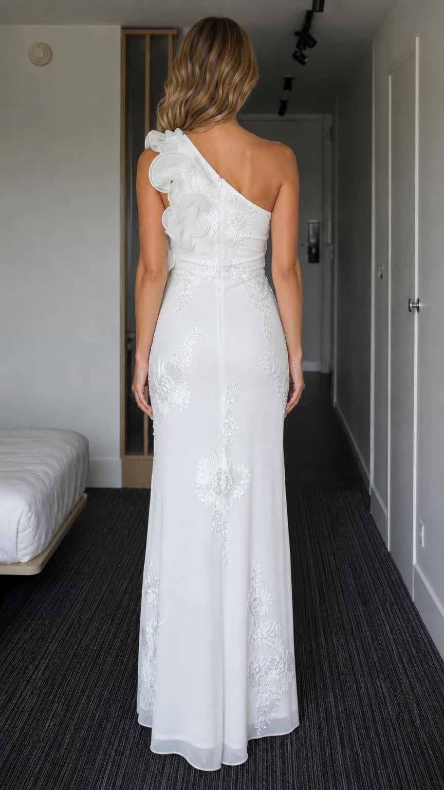 Back view of white one-shoulder evening dress