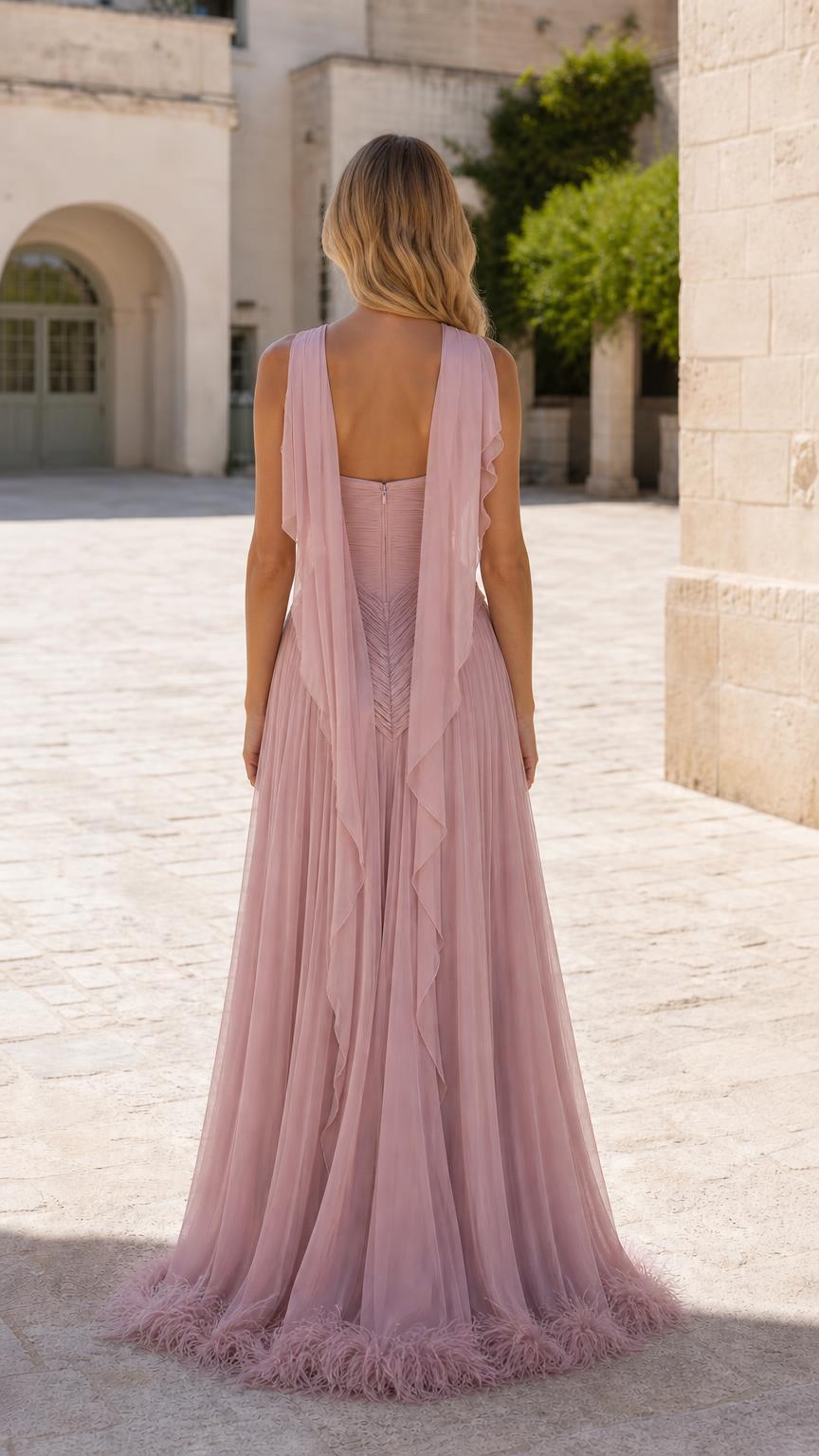 Elegance Halter Pleated Tulle Evening Gown