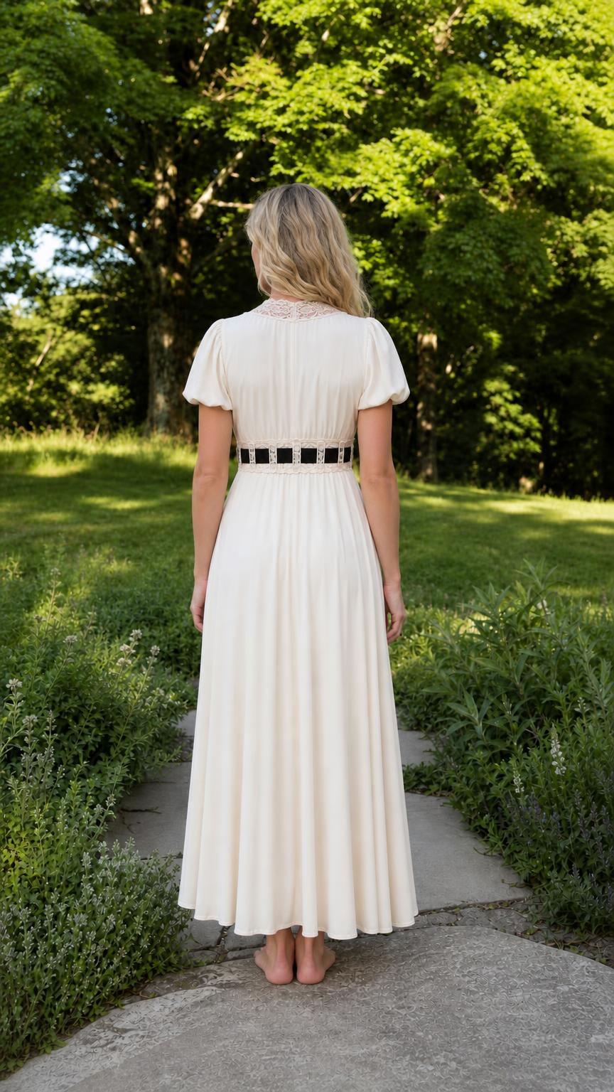 Back view of woman in ivory maxi dress showing back neckline detail