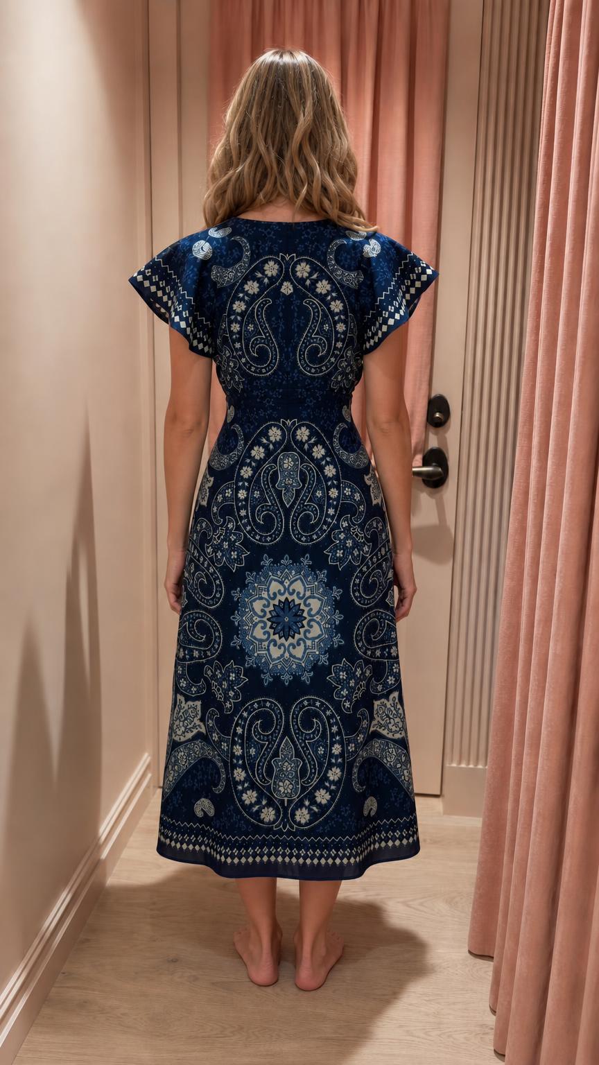 Back view of navy paisley midi dress