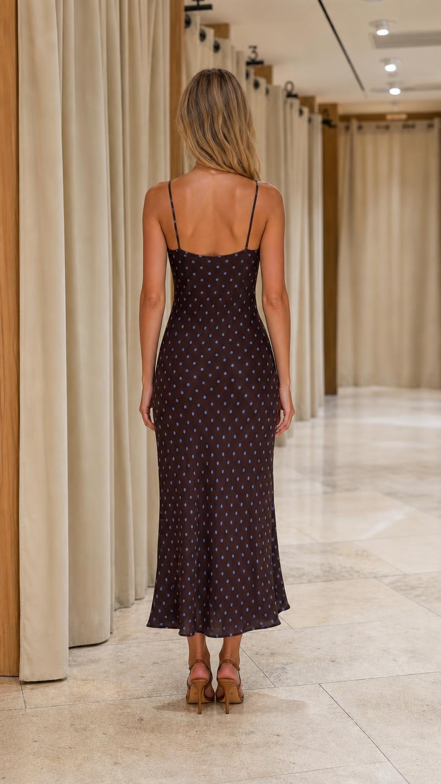 Back view of brown polka dot satin midi slip dress