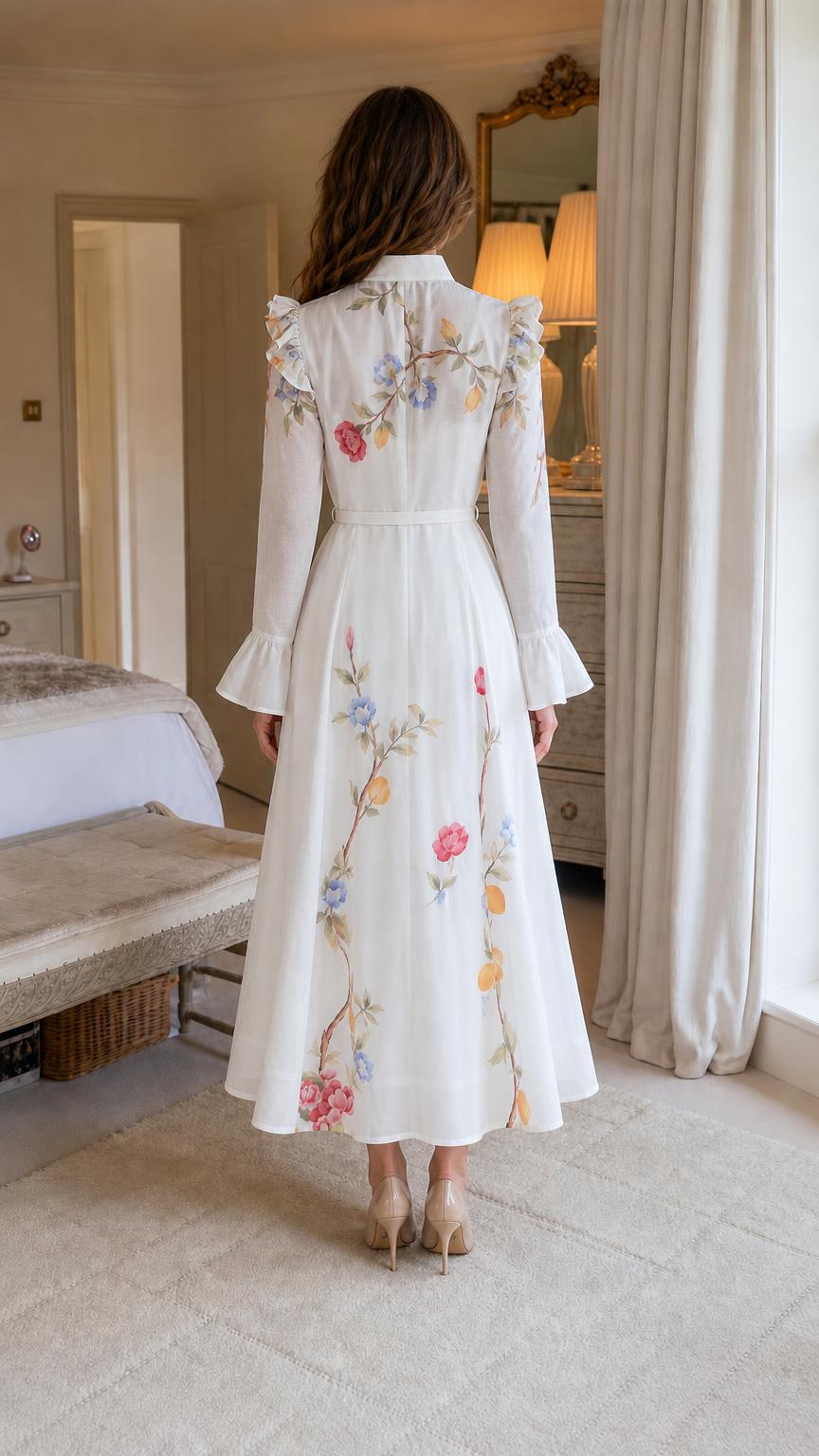 Back view of woman wearing white midi shirt dress with floral embroidery