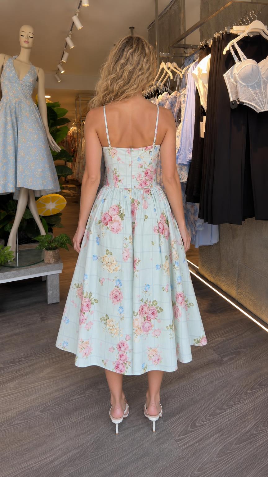 Back view of Light Blue floral midi swing dress