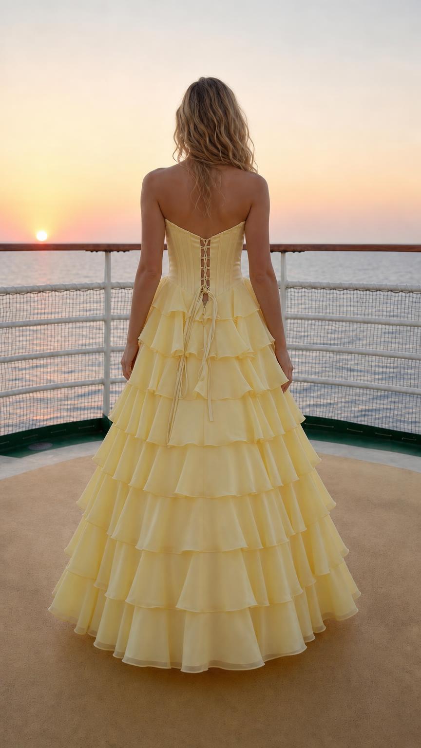 Back view of model in yellow gown showing lace-up corset detail