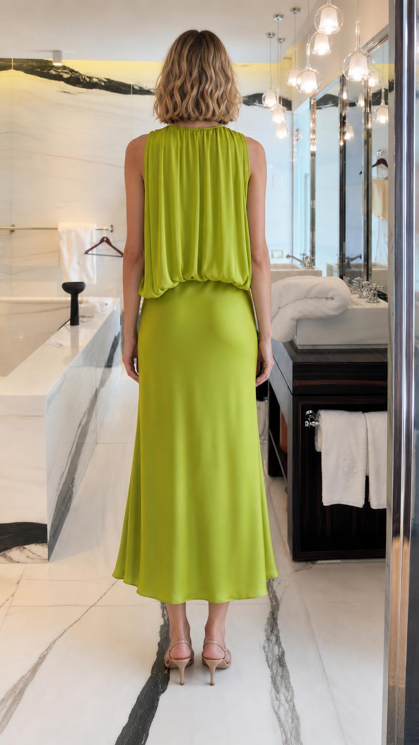 Back view of woman wearing Lime Green draped midi dress