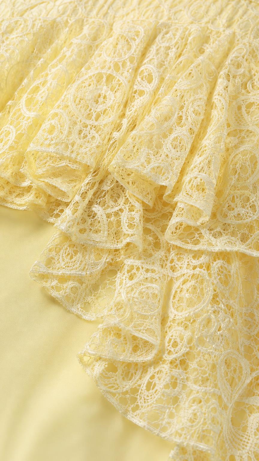Close-up detail of yellow lace layered fabric texture