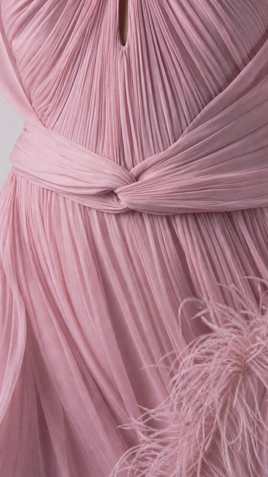 Close-up detail of pleated bodice and waist wrap