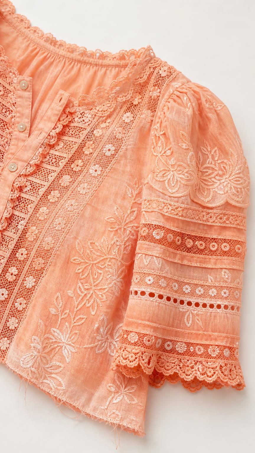 Close-up detail of peach embroidered crop top with lace trim