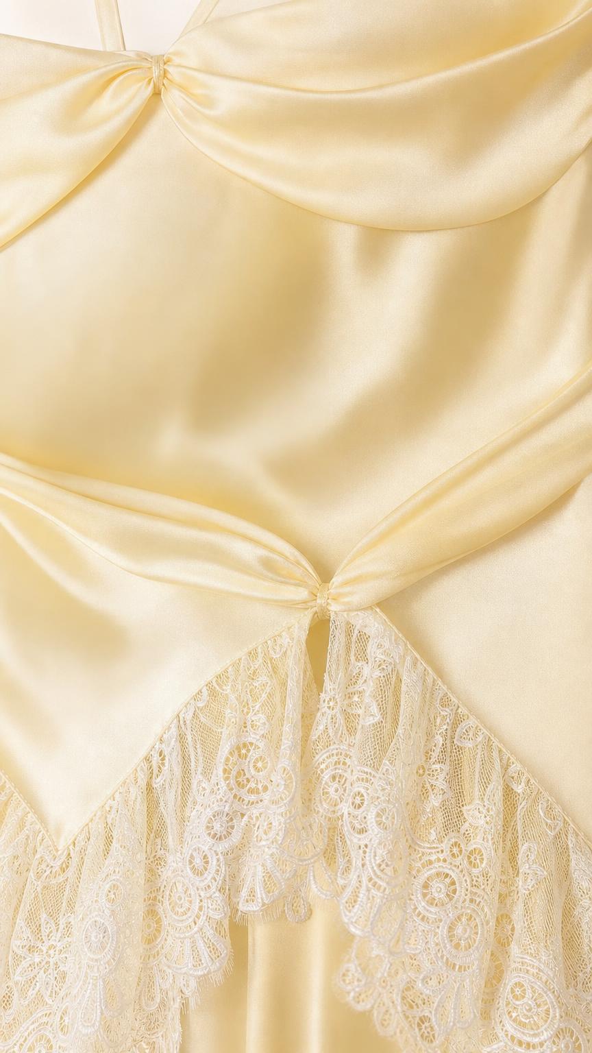 Close-up detail of satin fabric, draped bodice, and lace trim