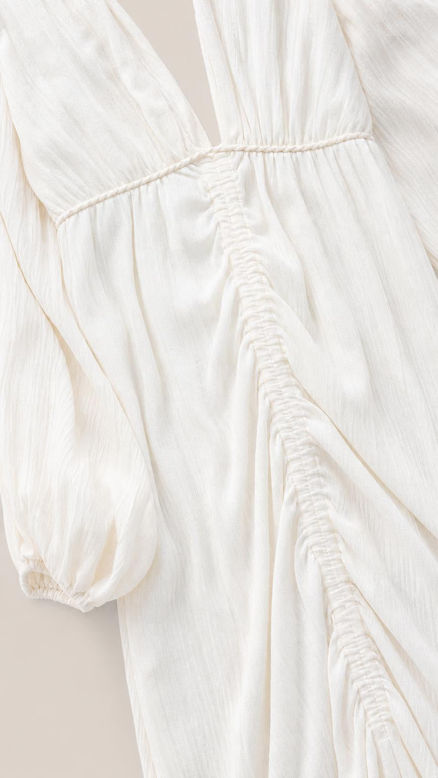 Close up of bodice and ruching detail on White Maxi Dress
