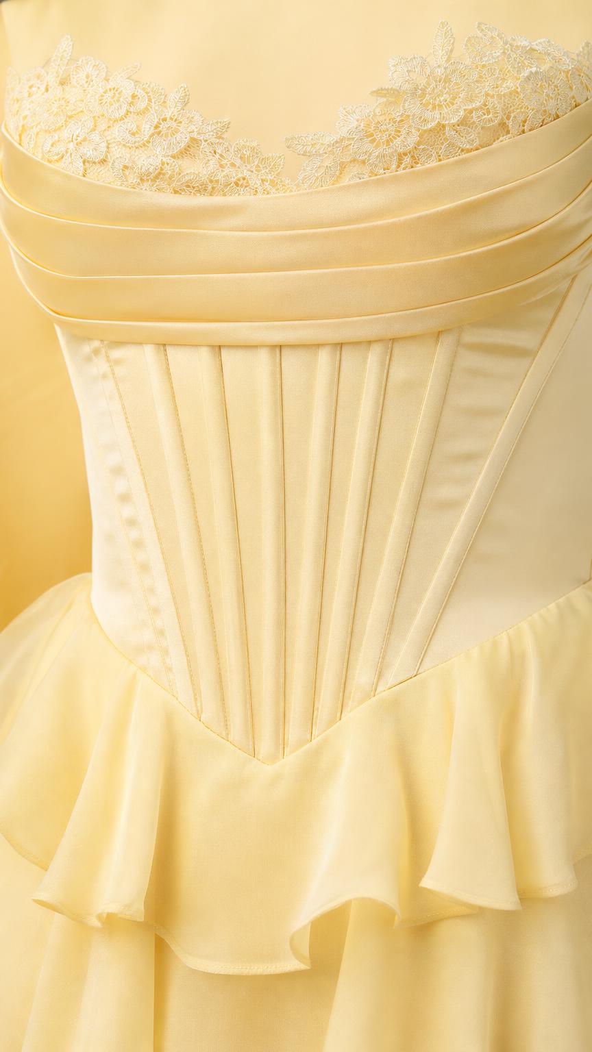 Close-up detail of yellow dress bodice, boning, and lace trim