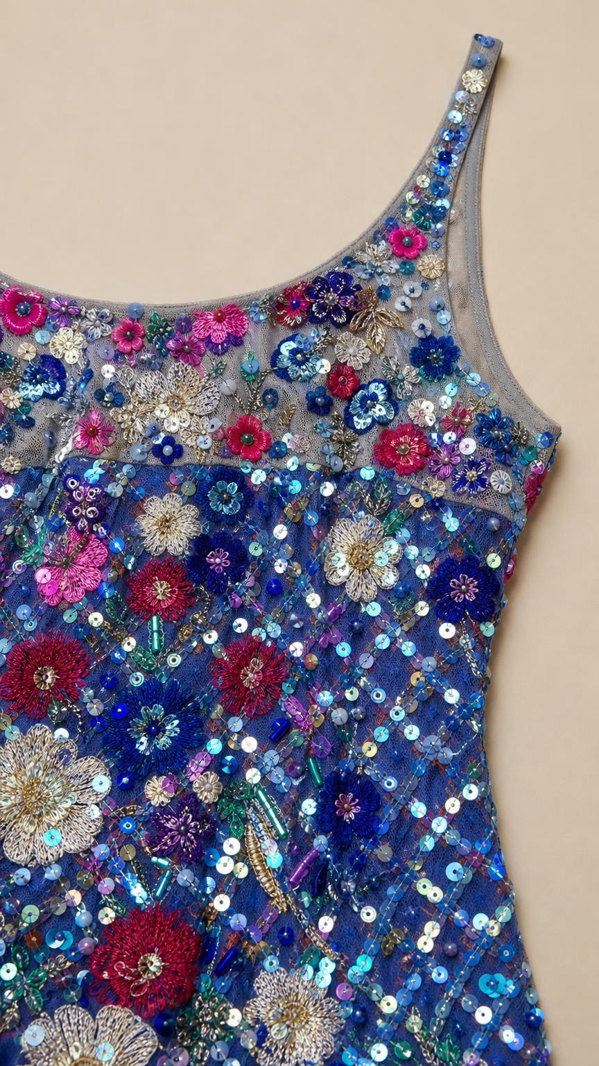 Close-up detail of floral bead and sequin embroidery on blue dress
