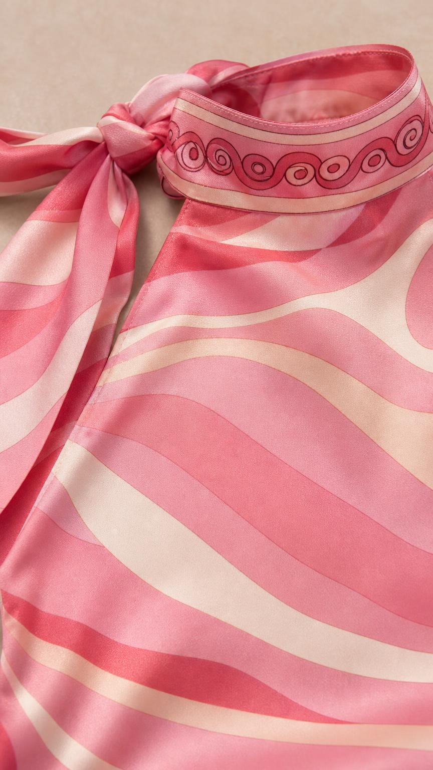 Close-up detail of the pink swirl pattern and collar tie