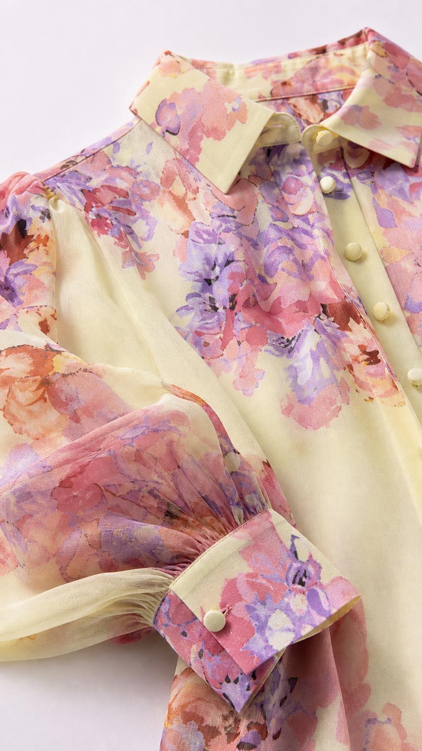 Close-up detail of collar, buttons, and sleeve cuff