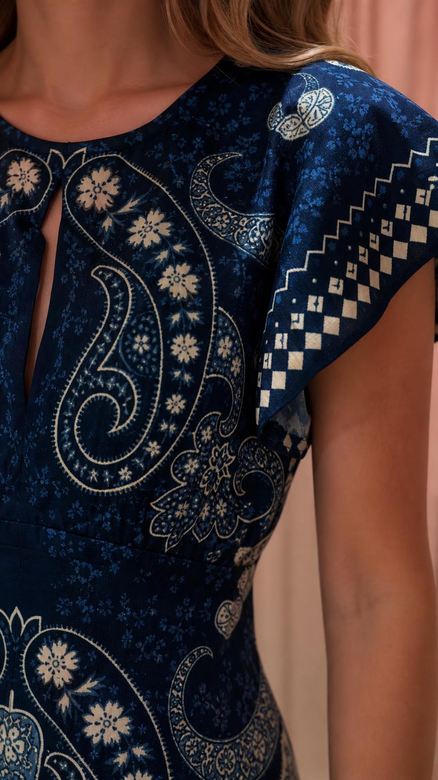 Close up of keyhole neckline and flutter sleeve detail