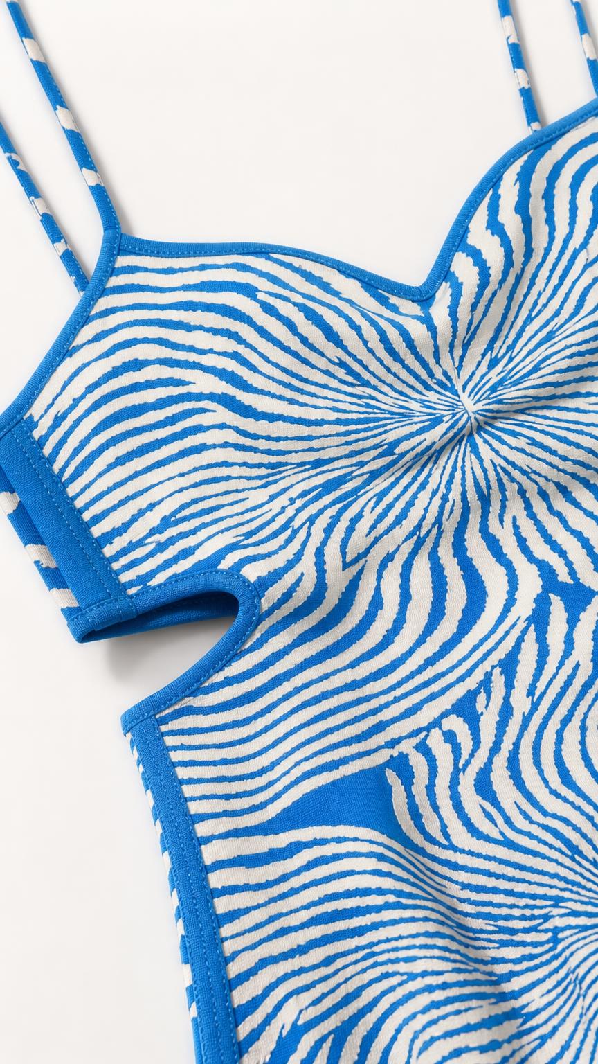 Close-up detail of bodice and side cutout design on blue knit dress