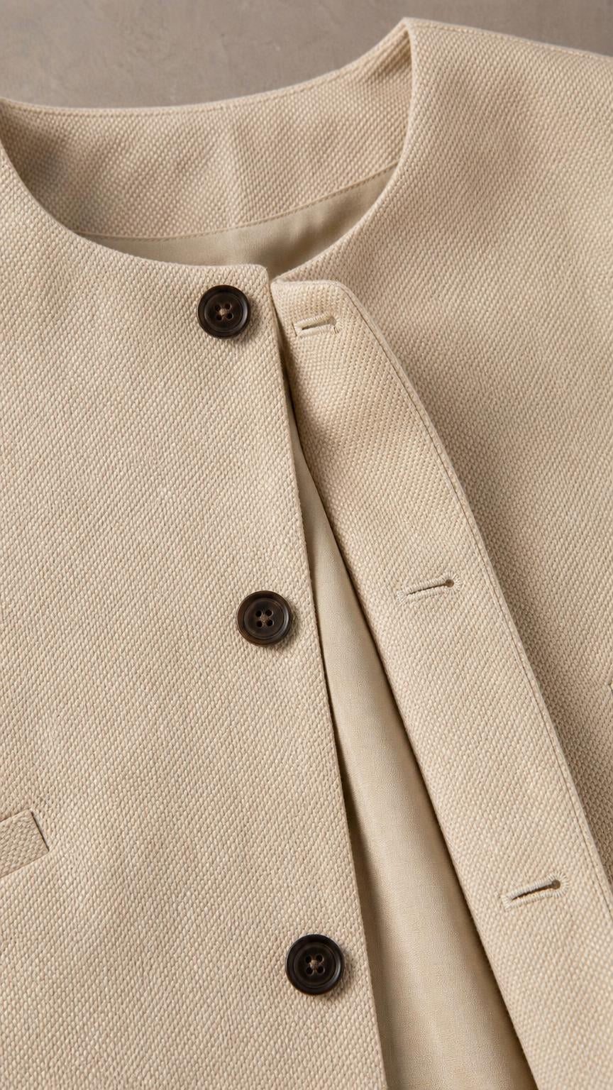 Close-up detail of the beige top neckline and button closure