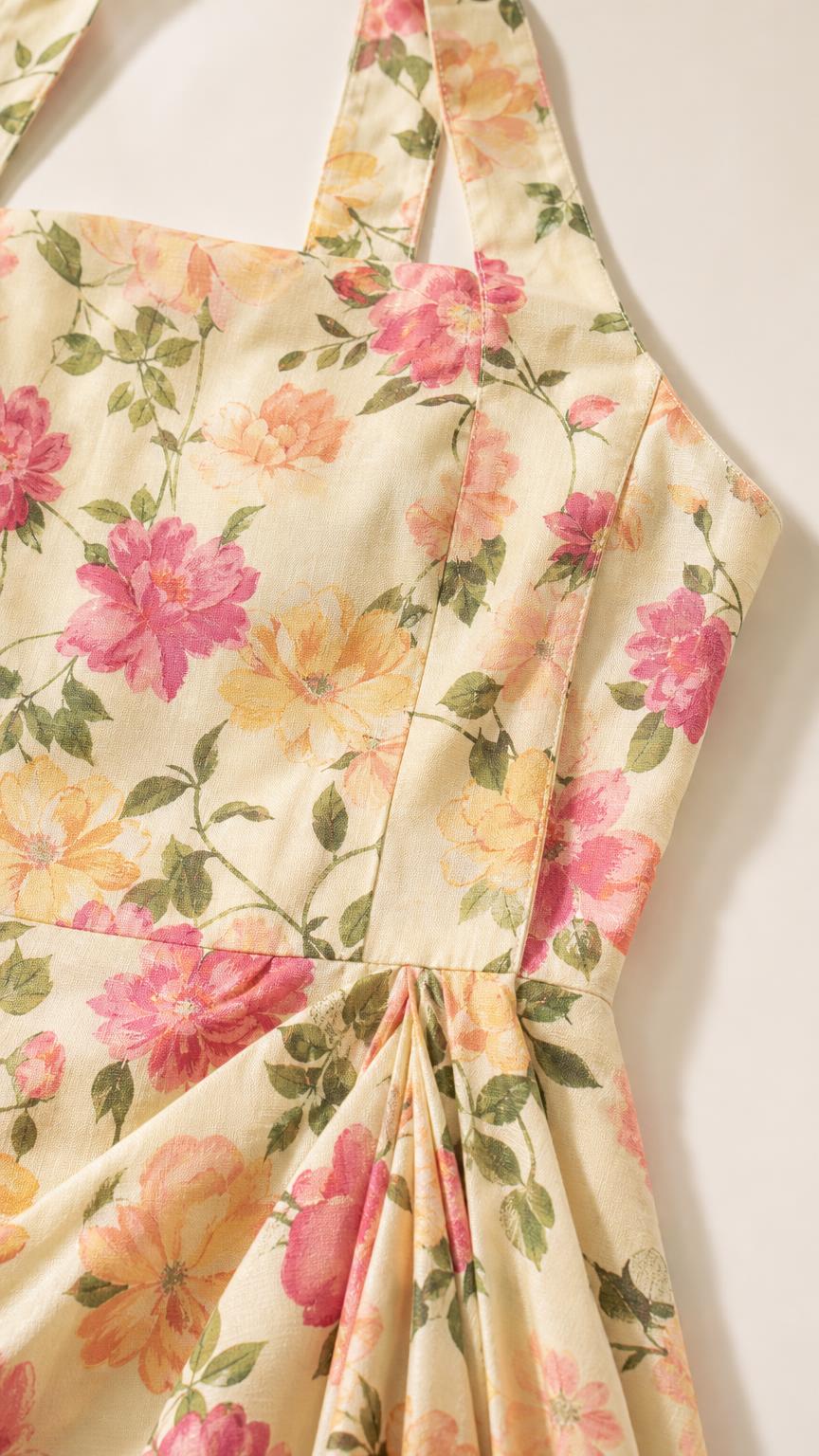 Close-up of fabric pattern and draped waist detail