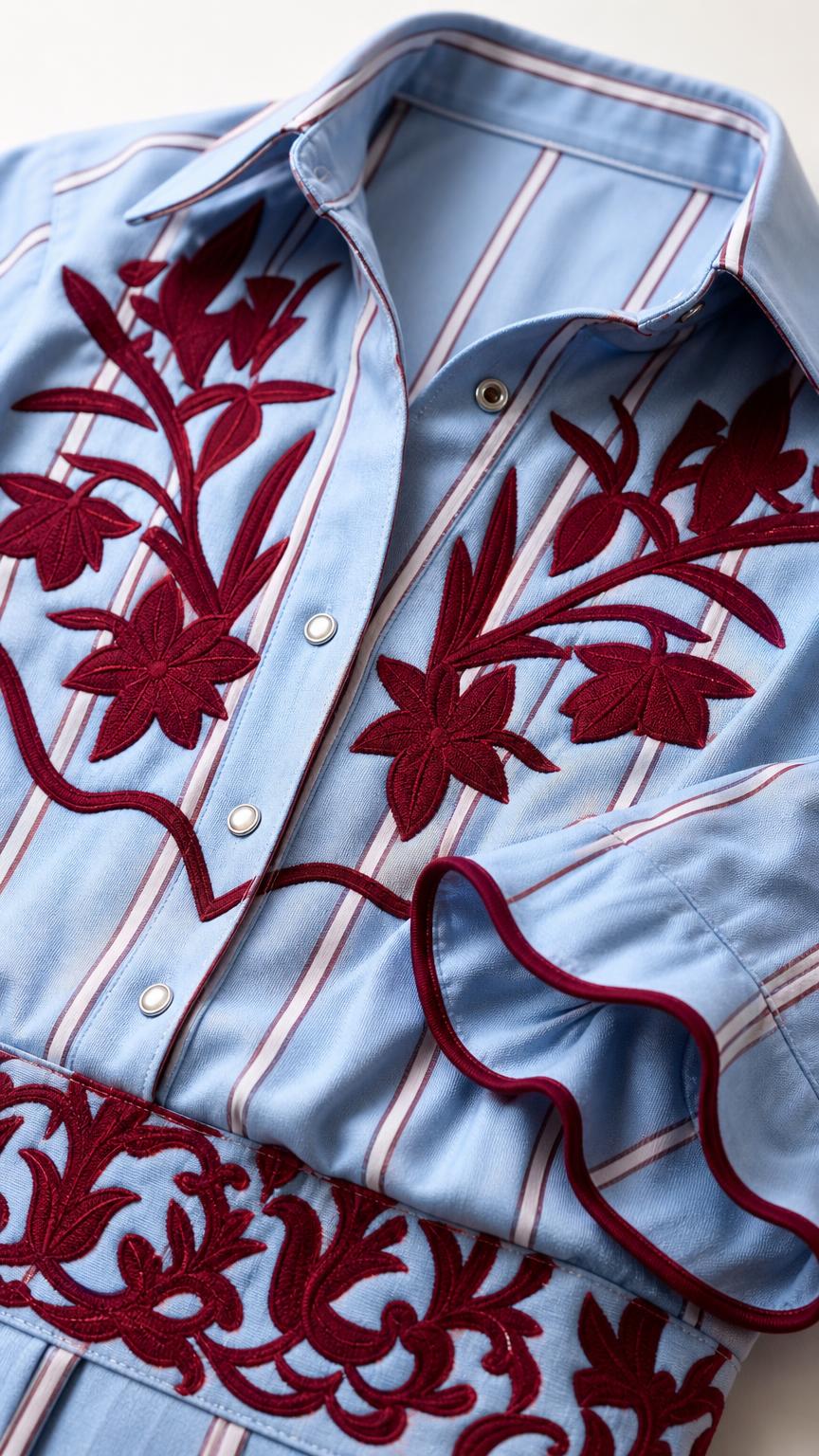 Close-up detail of chest embroidery and snap button closure