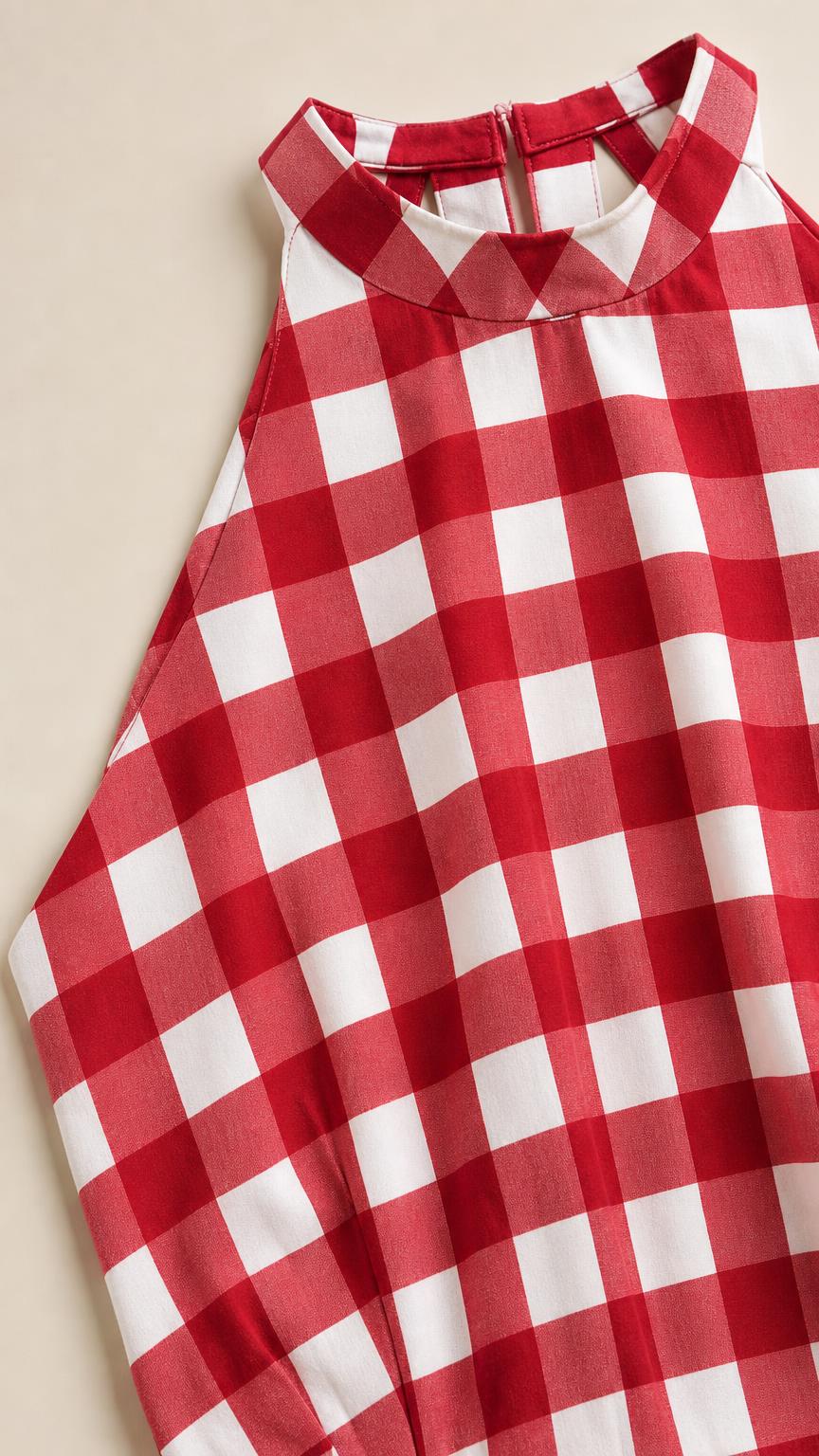Close-up of red and white gingham halter neckline and fabric