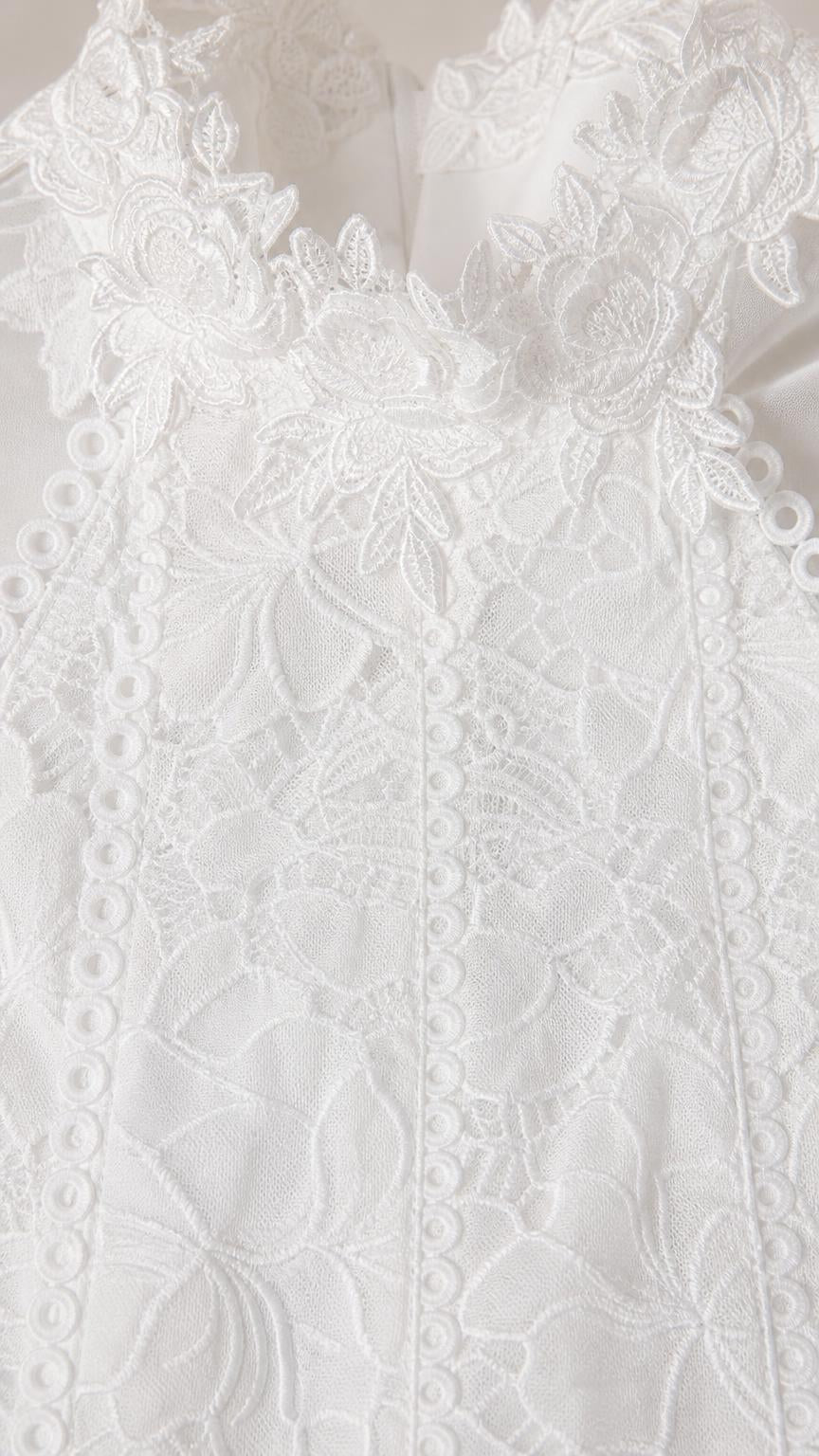Close up texture view of white floral lace fabric details