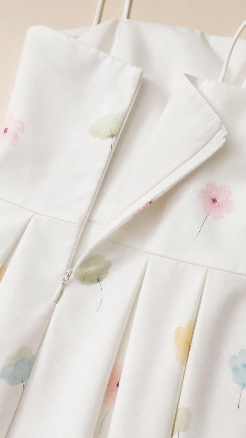 Close-up of zipper and pleated detail on white dress