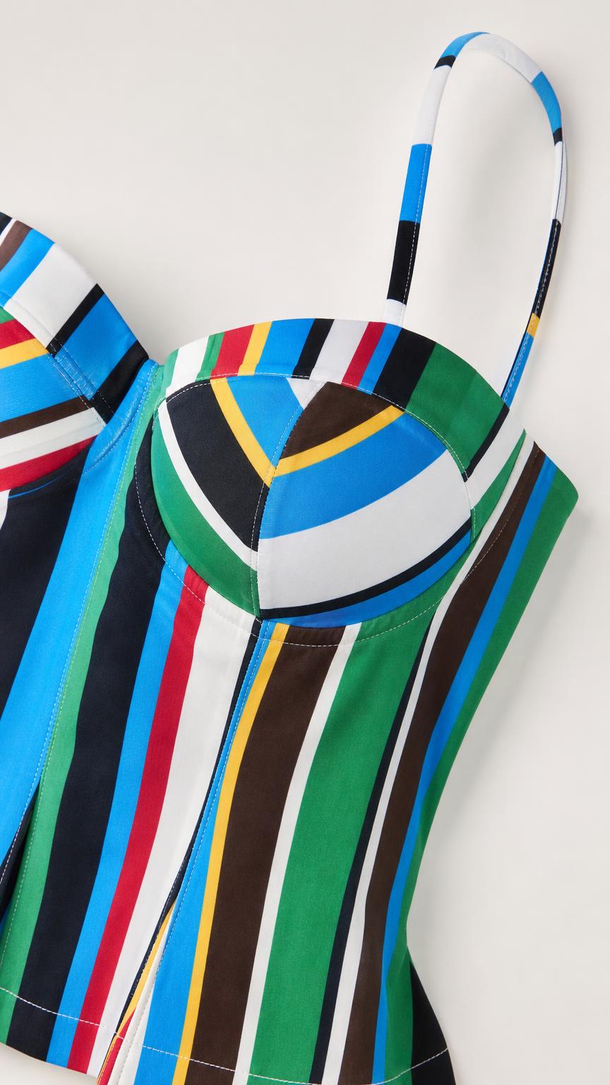 Close-up detail of multi-color striped bustier bodice and straps