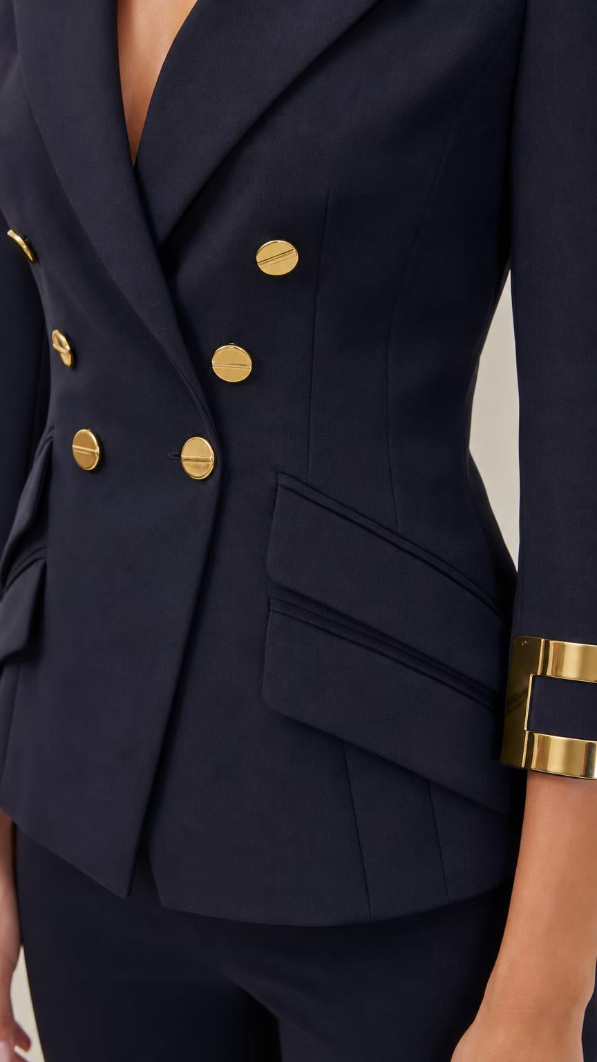 Close-up of navy blazer with gold-tone buttons, angled pocket, and cuff detail