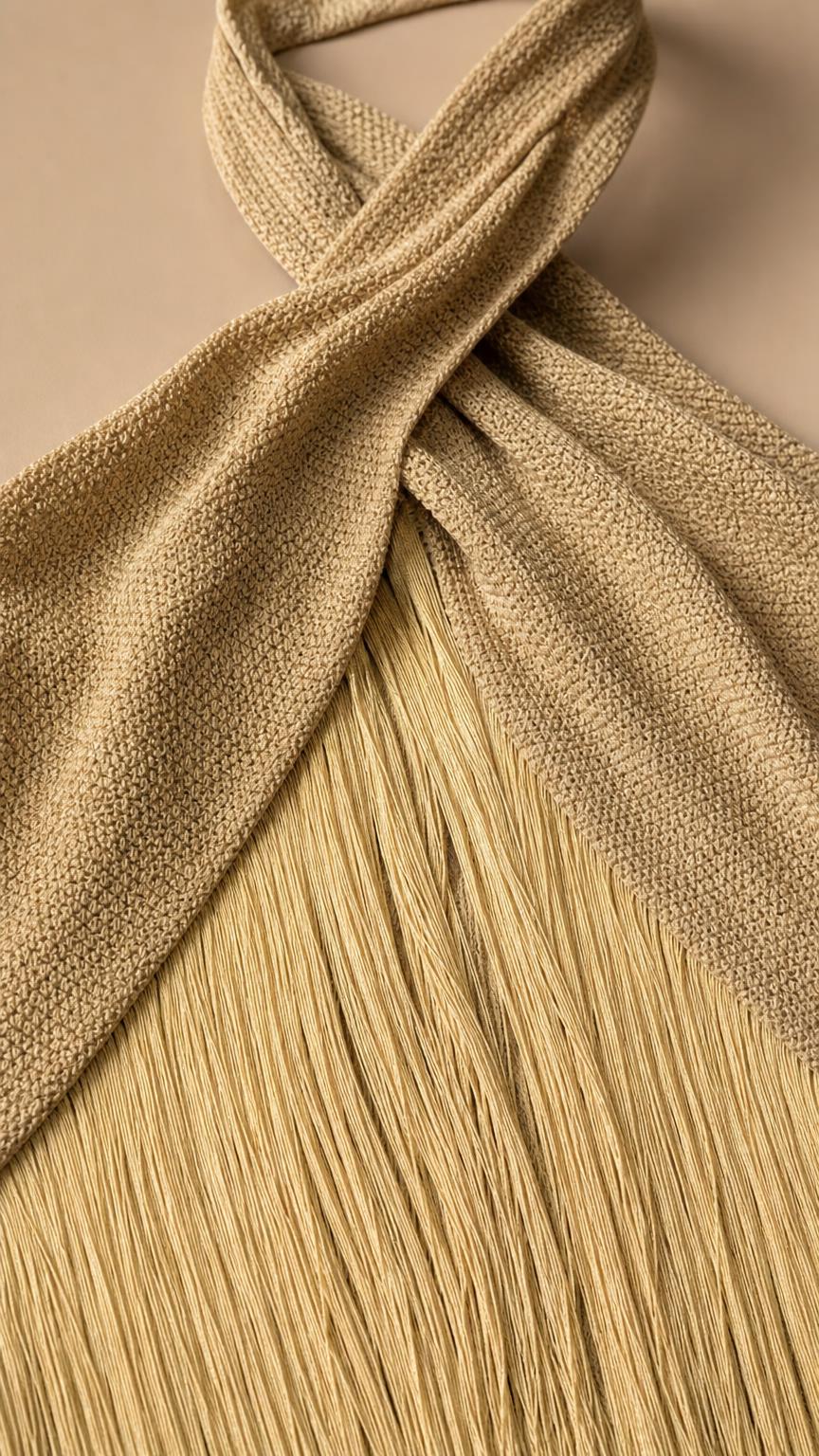 Close-up of textured knit fabric and fringe texture